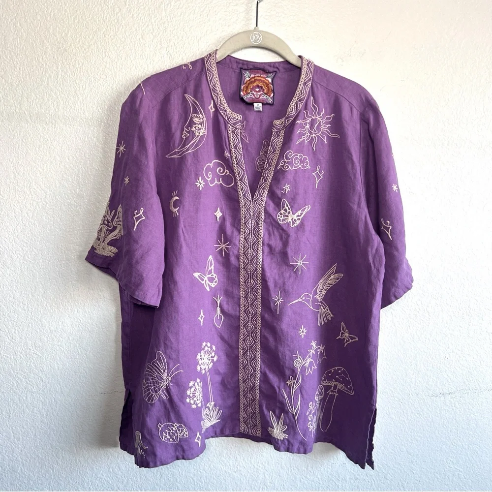 Johnny Was NOAH EASY V‑NECK Embroidered Top Mandarin Collar Purple Lilac Size M - Picture 6 of 16